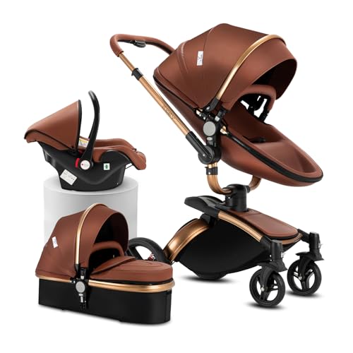 Reenborn Carrinho de couro PU bebé 3 em 1, carrinho de bebé com assento ajustável rotação 360°, carrinho de bebé 3 peças com moldura de alumínio, carrinho de bebé com design dobrável com um só clique