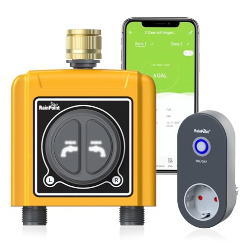 RAINPOINT Computador de rega Wi-Fi de 2 saídas com entrada de latão, rega automática inteligente, controlo por aplicação e voz, rega por tempo / quantidade / humidade do solo/controlo por voz, para