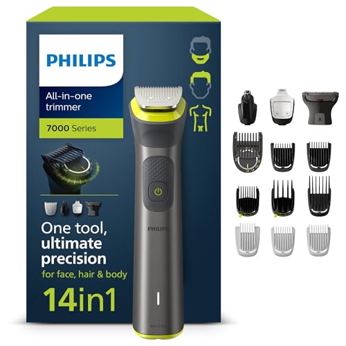 Philips Aparador de barba série 7000, máquina de cortar cabelo, corta-pelos para homem, kit 14 em 1 para rosto, cabelo, orelhas, nariz e corpo, 120 min de uso, seco e húmido, recarregável, capa,
