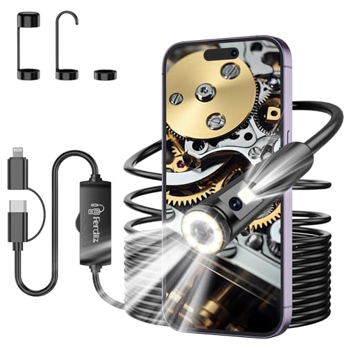 Ferdiiz Endoscópio industrial de lente dupla 1920P HD IP67 com 8 + 1 luzes LED ajustáveis, câmara endoscopica sem WiFi para Android e iOS, câmara de inspeção cabo semi-rígido (16,5 FT/5 m)