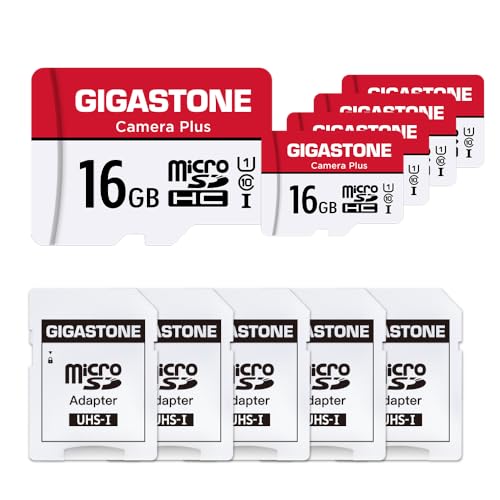 Gigastone - Cartão de memória (16 GB, pacote de 5 cartões, câmara Plus Serie), velocidade de até 85 MB/s. Ideal para Full HD vídeo Gopro câmara Drone, U1 C10 cartão micro SDHC com mini estojo e