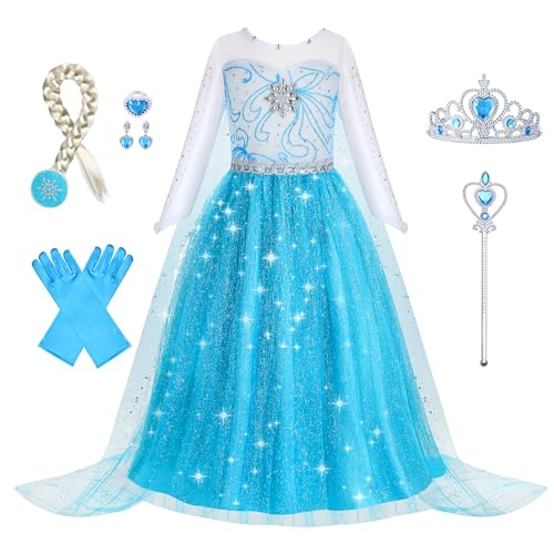 Foierp Traje princesa Elsa menina - vestido de princesa Elsa com acessórios, fato de princesa meninas com camada de copos, disfarces lsa para festa de aniversário Halloween cosplay carnaval