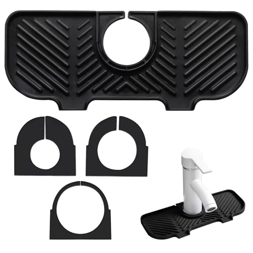 2 peças tapete de silicone torneira, tapete lava-louça cozinha, tapete de silicone dobrável, protetor lava-louça com 6 fronhas para cozinha, casa de banho e bancadas (27 x 11 cm, preto)