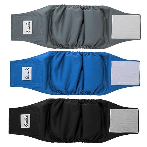 SlowTon 3 fraldas para cães machos, fraldas laváveis faixas para a barriga para cães machos e cachorros, fraldas altamente absorventes com fecho forte e flexível, embalagem de 3