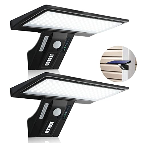 JESLED Luz solar exterior 90 LED, carregamento solar e USB, foco solar potente com sensor de movimento, impermeável com 3 modos inteligentes para jardim, pátio, caminho, escadas