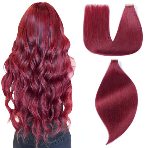 Einbeauty 60 cm Extensões de cabelo natural 50 g, vermelho bordô, autocolantes de cabelo humano (24 polegadas, 99 J#)