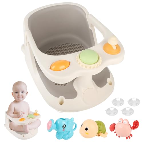 Aragallant Assento de casa de banho para bebé de 6 meses, cadeira de banheira bebé antiderrapante, assento duche bebé com 4 ventosas, cadeira de duche de bebé com brinquedos, suporte banheira bebé
