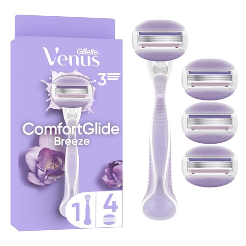 Gillette Venus ComfortGlide Breeze Máquina de depilação para mulher com peças sobressalentes, 1 alça duradoura, 4 peças com 3 folhas e barras hidratantes