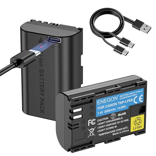 ENEGON LP-E6/LP-E6N USB-C bateria de substituição de carregamento direto de 2000 mAh (pacote duplo) para Canon LP-E6 Akuu, compatível com Canon EOS 5D/5D Mark III/5D Mark IV, Canon EOS 6D/6d Mark II,