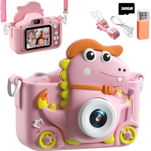 Câmara fotos infantis dinossauro, 1080 P câmara de fotos para crianças, 2" HD Selfie Camara fotos crianças 32G, presente para meninos e meninas 3 4 5 6 7 8 9 11 12 anos, crianças brinquedos egos (rosa
