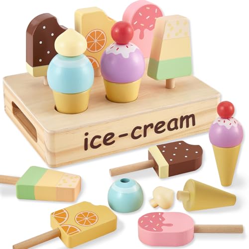 HERSITY Posto de gelado brinquedo madeira, cubos e polos de gelado gelataria crianças, comida para cozinhas de brinquedo loja de compras conjunto de simulação para crianças meninas de 3 4 5 anos