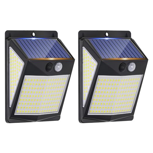 Luzes solares para exteriores, luzes de segurança solares de 238 LED e sensor de movimento de 3 modos, luzes solares de ângulo amplo de 270°, luz de parede solar impermeável IP65 (pacote de 2)