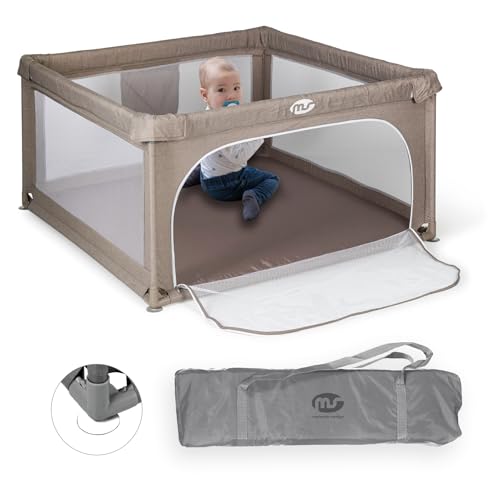 Parque infantil L - 120 x 120 - bege - Corrinho dobrável para bebé - parque de jogos seguro com gateiras e janela rede