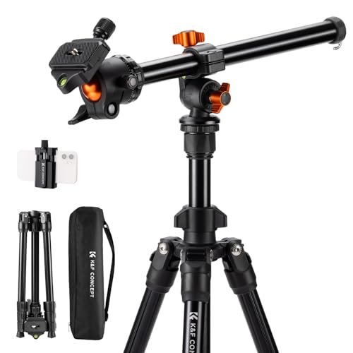 K&F Concept O234A1 BH-36 Tripé câmara com braço extensível, tripé para telemóvel 195 cm, tripé de viagem câmera, tripé de telemóvel com suporte de telefone, tripé leve em alumínio