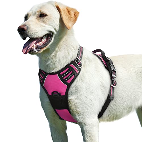 Eagloo Arnês cão grande médio, arnês antipuxões cão anti-escape, colete acolchoado ajustável, anéis de peito e costas, respirável com fita refletor, exercício correr, L rosa vermelho