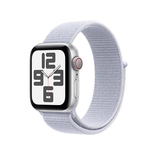 Apple Watch SE de 2.ª geração GPS Cellular Smartwatch com caixa de alumínio em prata de 40 mm e correia Loop desportiva azul nuvem. Monitores de treino e sono e neutro em carbono