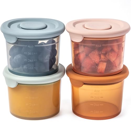 Moonkie 4 Peças frascos para bebés de silicone de 4 onças, frascos para bebé, comida, recipiente para alimentos para bebé, frascos de conservação 100% cosméticos, sem BPA, adequados para máquina de