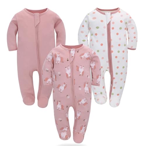 Pacote de 3 pijamas de bebé pijamas de algodão para crianças com fecho de correr com pés roupa de dormir 0-3 meses