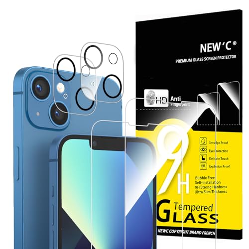 NEW'C 4 pacotes, 2 x protetor de ecrã para iPhone 13 (6,1 polegadas) e 2 x protetor de câmara traseira, anti-riscos, sem bolhas de ar, ultra resistente, dureza 9H Glass