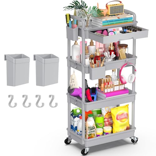Yeabett Carrinho de armazenamento de 4 níveis com gaveta, carrinho utilitário com prateleira de plástico e rodas bloqueáveis, carrinho de armazenamento multifuncional para cozinha, casa de banho,