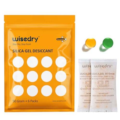 wisedry 50 gramas [6 embalagens] Gel de sílica saquinhos descartável reutilizável com micro-ondas reativado rápido em 2 minutos, laranja a verde que indicador de absorção de humidade desumidificador