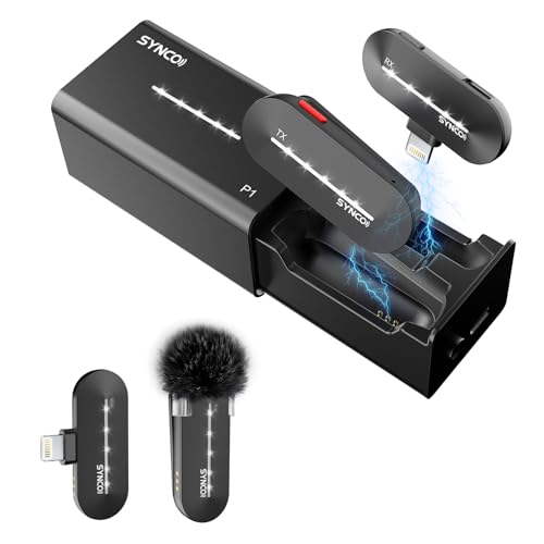 SYNCO Microfone sem fios lapela para iPhone, P1SL microfone Lavalier sem fios para iPad com estojo de carregamento【Certificação MFi】, microfone - lapela-sem fio-iPhone