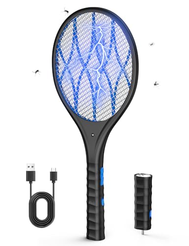 AROEVE Raquete mosquitos elétrica, 4000 V raquete mosquiteira elétrica, carregamento USB, luz LED, lanterna removível, proteção de 3 camadas, interruptor duplo, casa, jardim, preto