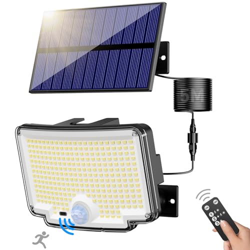 nipify Focos solares exteriores, 318 LED/270° iluminação: luz com sensor de movimento, 6500 K, IP65 luz solar exterior e jardim candeeiro solar com comando remoto para jardim, garagens