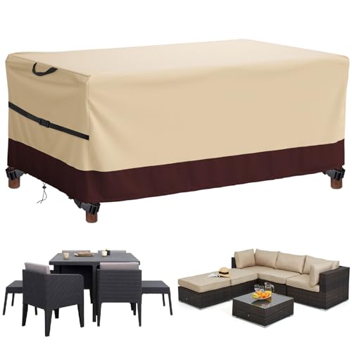 Capa para móveis de jardim, capas protetoras para conjuntos de móveis, anti-vento anti-UV para mesas cadeiras sofá exterior, capa de mesa de jardim quadrada (bege e castanho, 120 * 90 * 74 cm 600D)