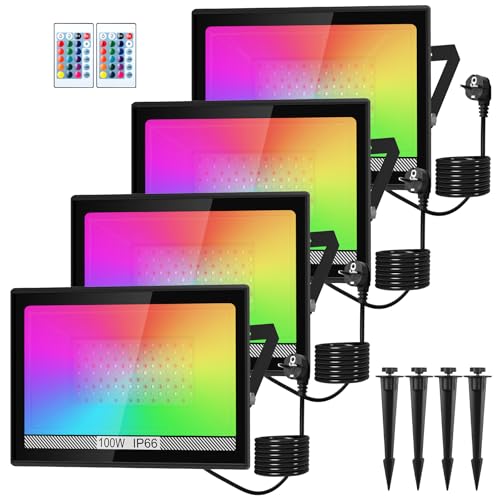 NATPOW Projetor RGB para exterior com lâmpada LED de 100 W com foco RGB com controlo remoto, IP66 impermeável Floodlight LED que muda de cor, RGB Foco para jardins, pátios (conjunto de 4)