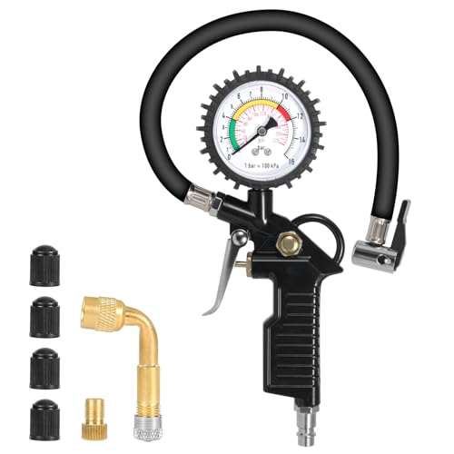 GLOSKIN Manómetro de pressão pneus, medidor de pressão pneus 220 PSI, ferramenta central com válvula, acessórios de compressor, para automóveis, motocicletas, camiões, bicicletas
