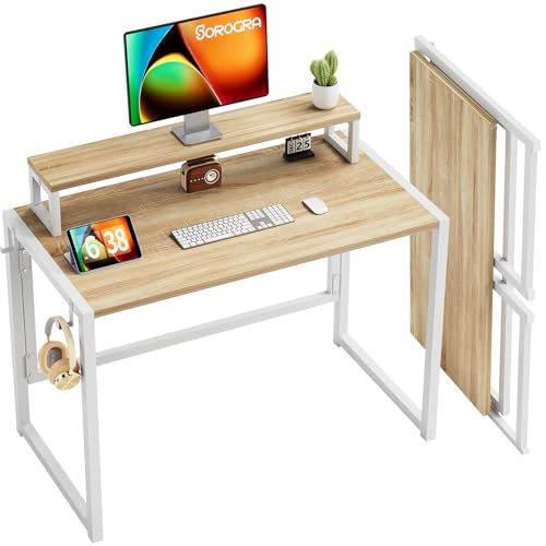 SOROGRA Mesa dobrável com suporte para monitor, mesa de computador para escritório em casa e estúdio, mesa pequena de montagem fácil para espaços pequenos, bege