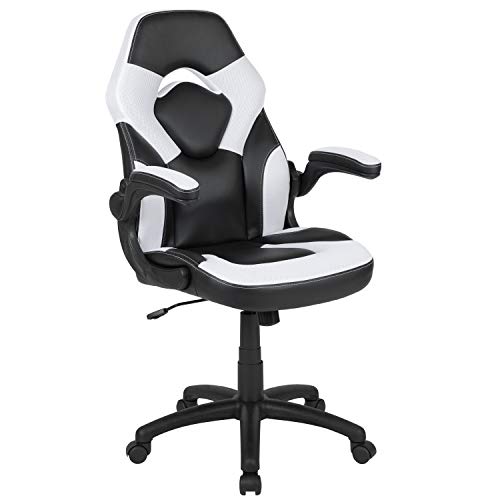 Flash Furniture X10 Cadeira para jogos e PC, escritório, ergonómica, ajustável, com encosto, branca e preta, LeatherSoft