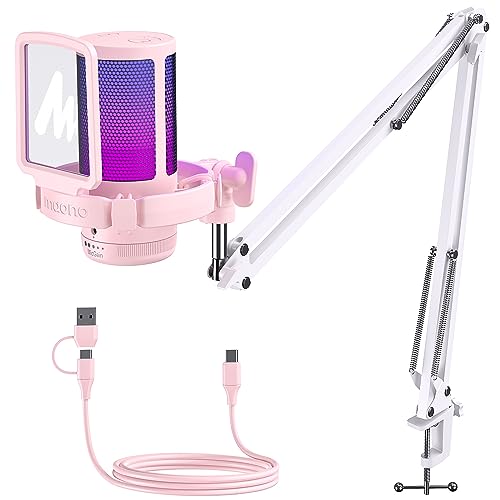 MAONO Microfone gaming, microfone USB condensador com cancelamento de ruído para Streaming Podcast Studio, compatível com PS5/PS4/Mac com luzes RGB, botão silencioso, controlo de ganho, DGM20S, rosa