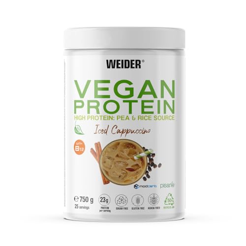 Weider Vegan Protein (750 g) sabor cappuccino. Proteína vegana 23 g/dose isolada ervilha (Pisane) e arroz. Vitamina B12 e Stevia. Sem glúten, sem açúcar. Bote 50% reciclado, 100% reciclável