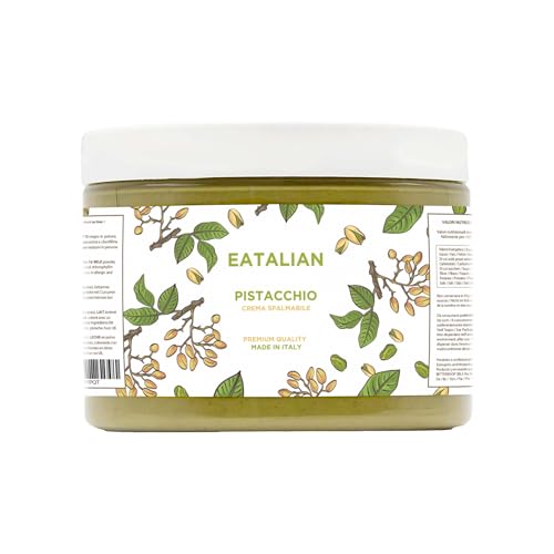 EATALIAN by AMZ BETTER Creme de pistácio, creme delicioso para espalhar com um sabor doce e único, ideal para pão, perfeito com gelado, excelente para chocolate de Dubai, 500 g Made in Italy