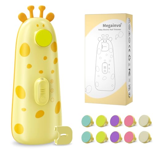 Megainvo Lima de unhas para bebés, girafa corta-unhas elétrico com 10 cabeças de moer, 1 capa anti-pó para cortar unhas e saco de armazenamento - amarelo