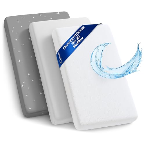 Lençóis ajustáveis para carrinho de bebé conjunto de 3: 55 x 90 cm - 2 lençóis 1 protetor de colchão impermeável, acessórios para berço de bebé e miniberço 55 x 90