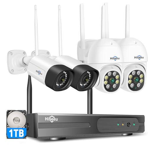 Hiseeu 10CH 5MP Kit de câmara de vigilância, sistema de câmara de segurança com áudio de 2 vias, IP66 impermeável, visão noturna colorida, detecção de movimento, alerta de aplicação, 1 TB HDD