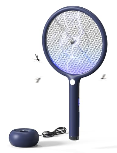 AROEVE Raquete mosquitos elétrica, 2 em 1 raquete mosquiteira elétrica, 4000 V, base de carregamento USB, bateria recarregável de 1200 mAh, modo de atração automática, luz LED, proteção de 3 camadas