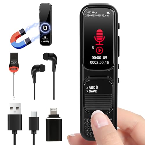 64 GB gravador de voz mini - áudio HD 3072 kbps gravador portátil com ativação por voz, redução de ruído, leitor MP3, ótimo para lição, chamada, entrevista