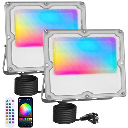 MEEKBOS 2 peças com foco LED RGB para exterior, 30 W, lâmpada LED regulável com APP Bluetooth e controlo remoto 2,4 G, IP66, 16 milhões de cores DIY, para jardim, festas, Páscoa, Halloween, 3000 LM