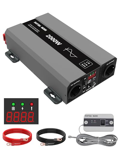 DATOUBOSS Inversor 12 v 220 v/230 v onda pura 2000 w, inversor de onda pura de 12 v a 220 v com tomada de AC e porta USB 3A para casa, RV, camião, inversor de energia solar fora da rede (SAK-12 vv.