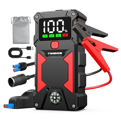 FNNEMGE Arrancador de carros, 5000A Peak 24800 mAh 12 V Super Safe Jump Starter (para todos os veículos de gasolina ou 8,0 l de gasel), com porta de saída USB, luz LED, ecrã grande HD. Adaptador EC-5.