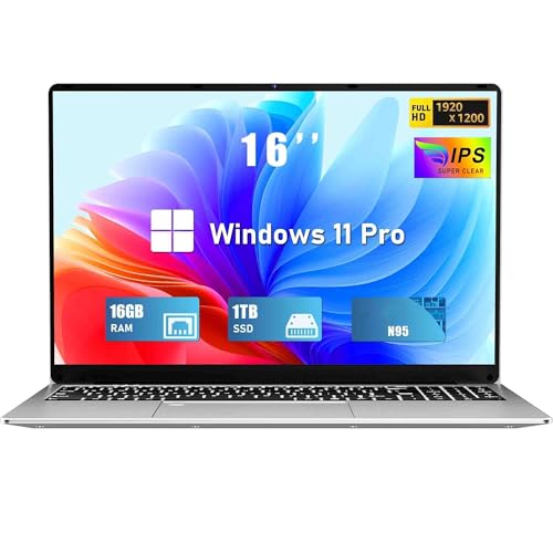 FUNYET Computador portátil de 16 polegadas 16 GB RAM 1 TB M.2 SSD expansão 1 TB portátil 4 cores Celeron N95 até 3,4 GHz Win 11 Pro Laptop FHD 1920 × 1200 USB 3.0 BT 5.0 WiFi 5 HDMI TTT. eclado retro