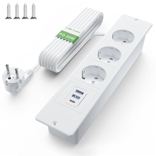 Tomada recarregável mesa USB C PD 20 W, tomada de mesa 3 tomadas, tomada de mesa para casa ou escritório, cabo de 1,8 m, branco
