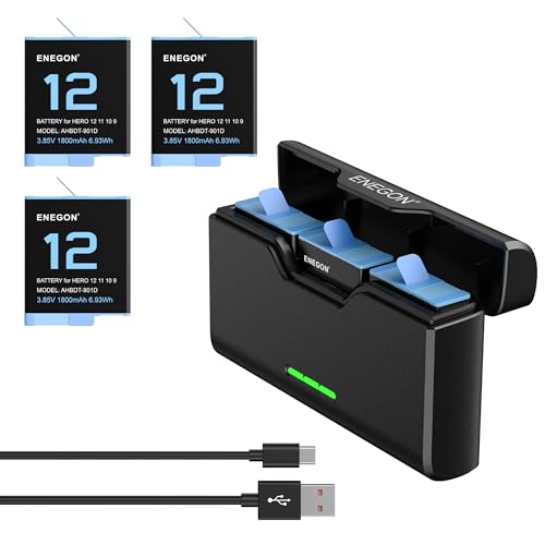 ENEGON Pacote de 3 baterias de 1800 mAh para GoPro Hero 12, 11, 10 e 9 + carregador USB LCD de 3 canais, totalmente compatível