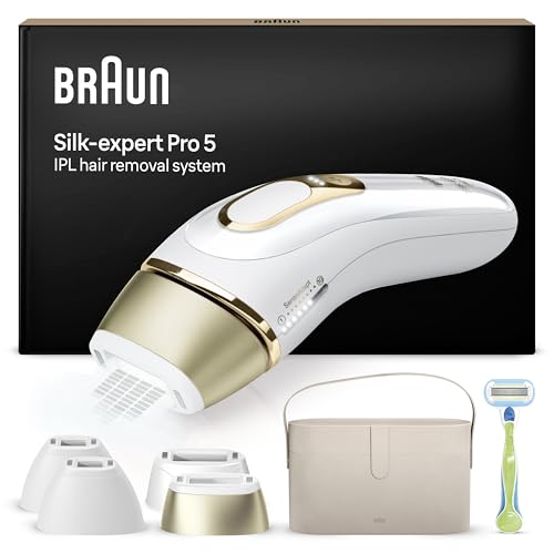 Braun Luz de pulso Silk-expert Pro 5, remoção de pêlos em casa, alternativa à remoção a laser, removedor IPL com capa, máquina Vénus, 4 cabeças para rosto e corpo, branco/dourado, PL5342