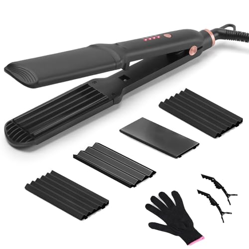 Ferro de crimpar, ferro de ondulação com 3 placas intercambiáveis para criar volume e textura, aquecimento instantâneo, ajuste de temperatura, ferro de cabelo para alisar e enrolar (preto)