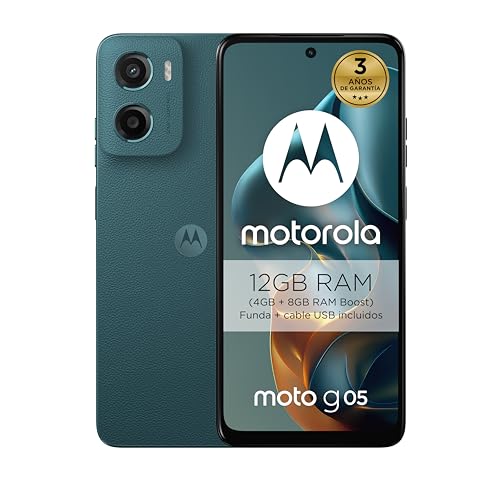 Moto g05,12 GB (4 GB + 8 GB RAM Boost)/64 GB azul, Espanha, ecrã super brilhante de 6,67 ", sistema de câmaras de 50 MP, modo retrato com IA, couro vegano, Corning® Gorilla® Glass 3, bateria 5200